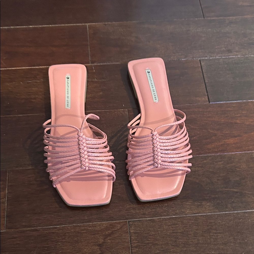 NEW Braided Pink leather Slide Sandals size 9 summer - girly - feminine - casual